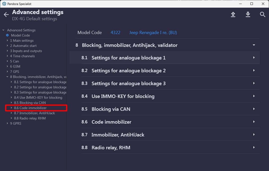 Pandora-Specialist, Advanced Settings > Code immobilizer [8.6]