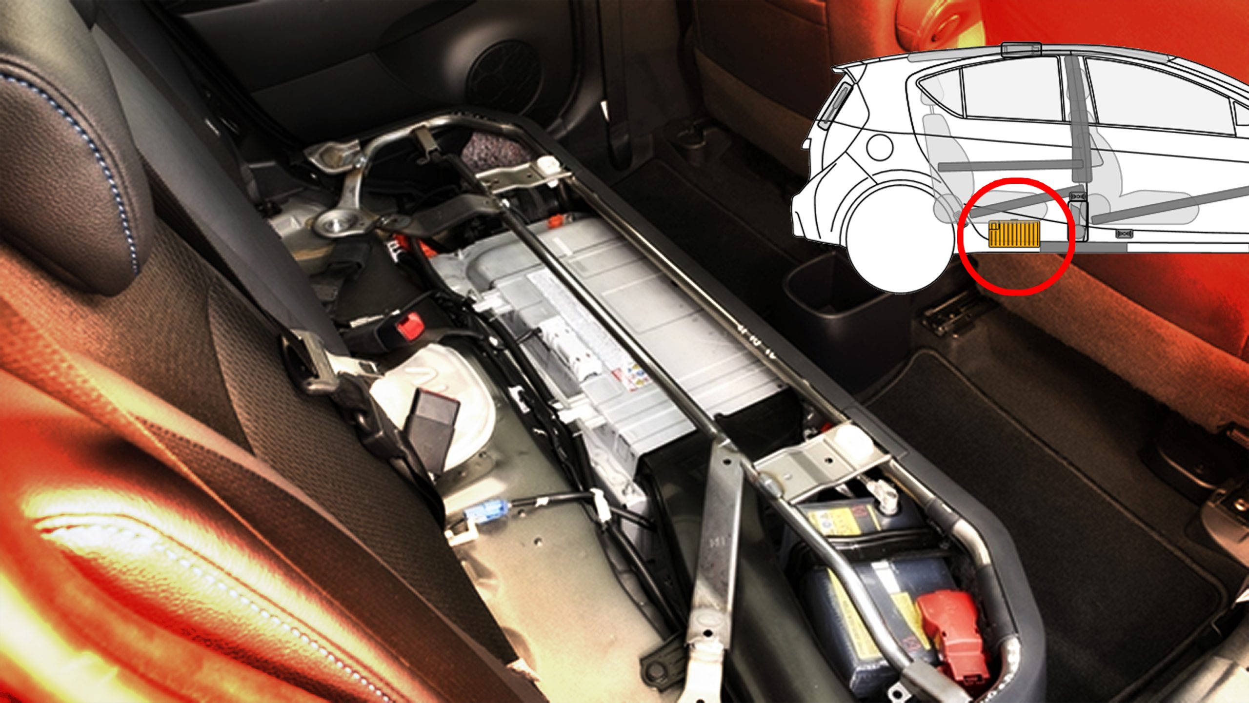 Hybrid/Electric car battery pack positioned under the back seat